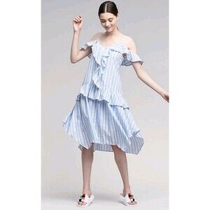 Anthropologie Moon River Eva Ruffle Dress Blue Stripe Boho Cotton S Cottagecore